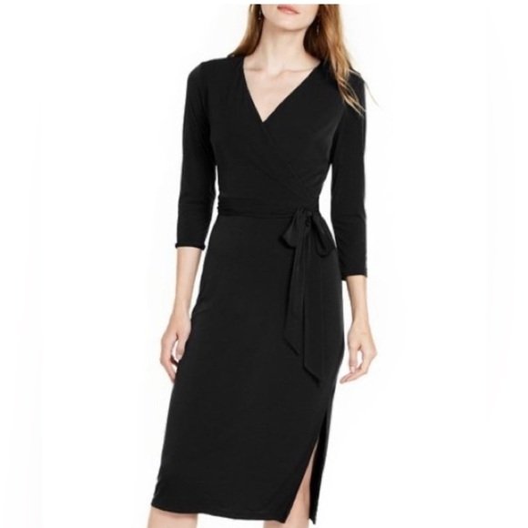 INC International Concepts Black Faux Wrap Midi Dress Flattering waist belt tie - Picture 3 of 12